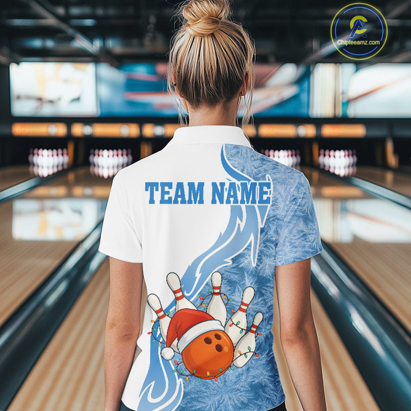 White and Blue Ice pattern Christmas Bowling shirts for Women Custom Xmas Team bowling jerseys NQS10967