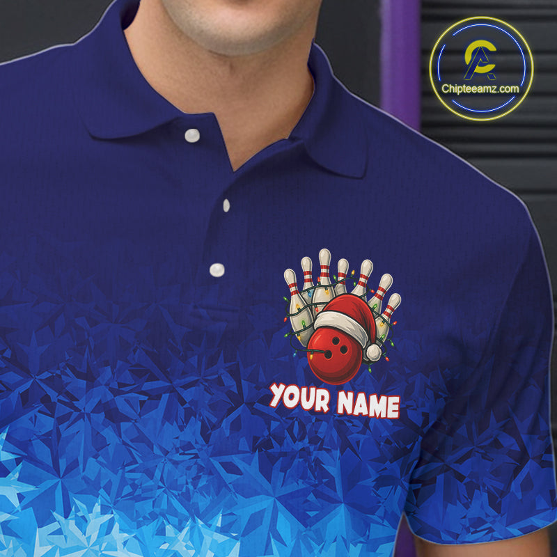 Blue Ice pattern Christmas Team Bowling Polo, Quarter Zip shirts for men Custom Xmas bowling gifts NQS10969