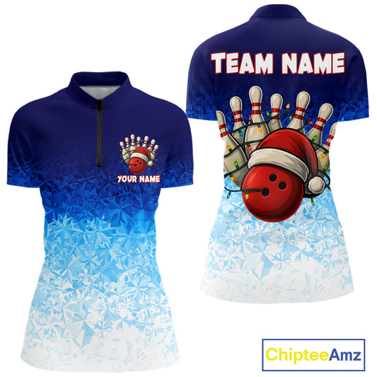 Blue Ice pattern Christmas Team Bowling Polo, Quarter Zip shirts for Women Custom Xmas bowling gifts NQS10969