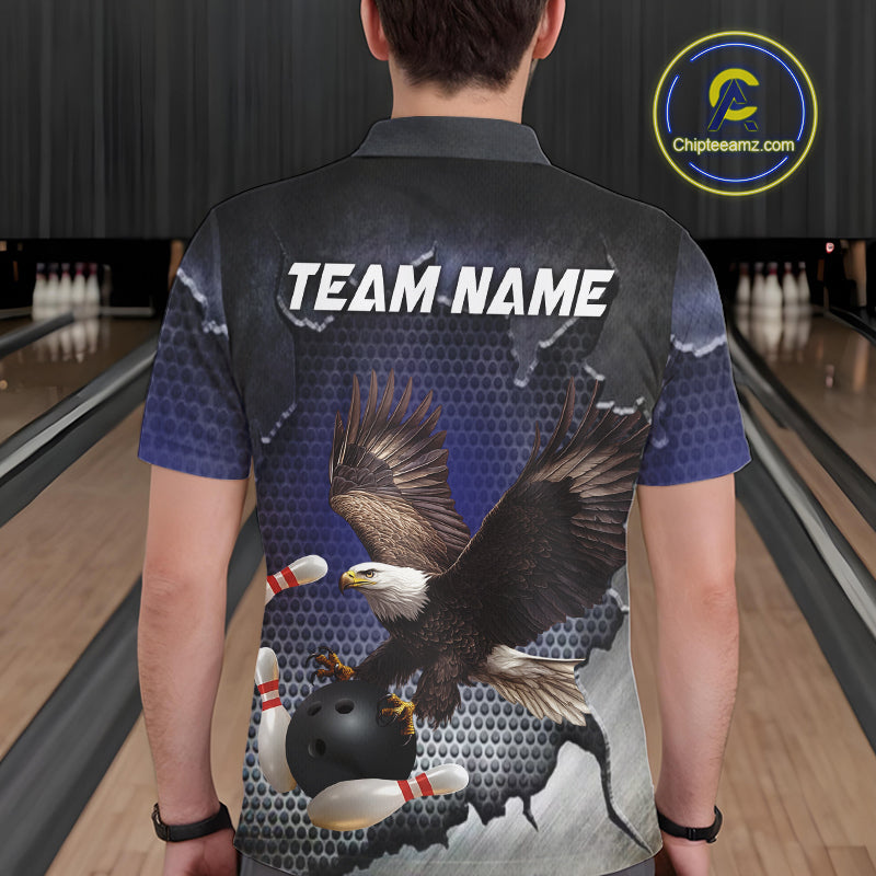 Eagle Bowling Polo, Quarter Zip Shirts for Men Custom Team Bowling jerseys, gift for bowlers | Blue NQS10972
