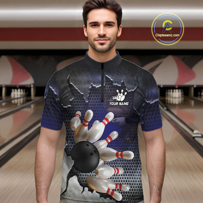 Eagle Bowling Polo, Quarter Zip Shirts for Men Custom Team Bowling jerseys, gift for bowlers | Blue NQS10972