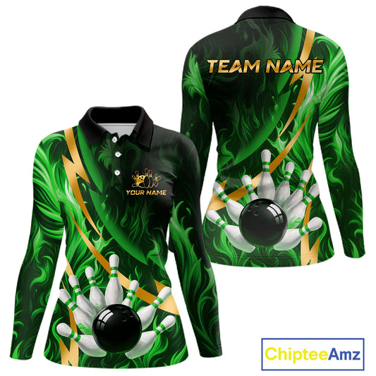 Personalized Bowling Polo, Quarter Zip Shirts for Women Custom Green Flame & Gold Bowling Team Jersey NQS11145