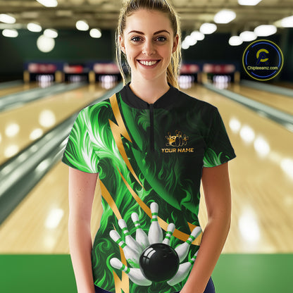 Personalized Bowling Polo, Quarter Zip Shirts for Women Custom Green Flame & Gold Bowling Team Jersey NQS11145