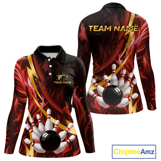 Personalized Bowling Polo, Quarter Zip Shirts for Women Custom Red Flame & Gold Bowling Team Jersey NQS11146