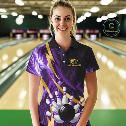 Personalized Bowling Polo, Quarter Zip Shirt for Women Custom Purple Flame & Gold Bowling Team Jersey NQS11147