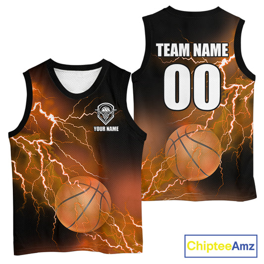 Custom orange lightning thunder Basketball Team Jersey, personalized All Over Print Basketball Shirts NQS11354