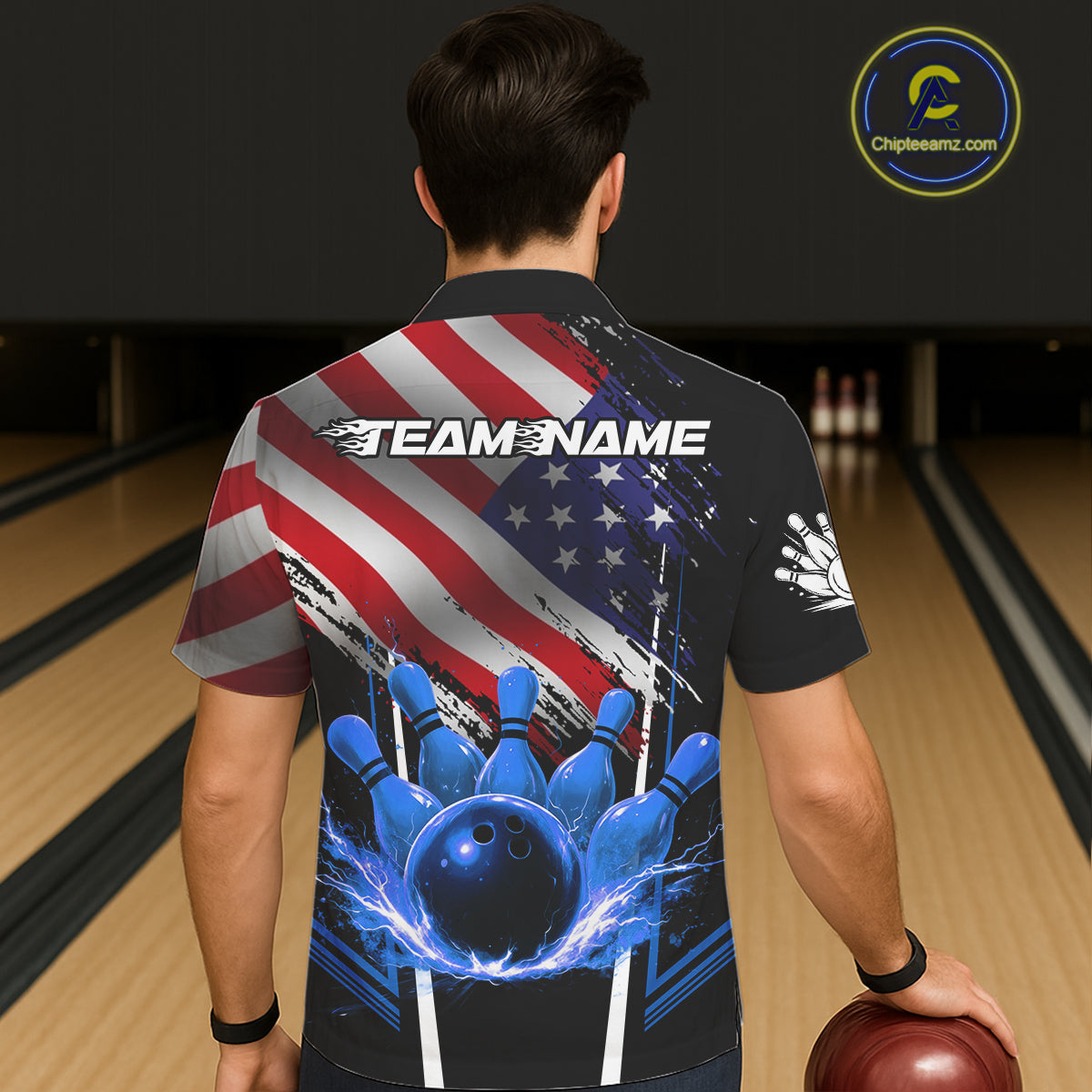 Personalized American Flag Bowling Team Hawaiian Shirt, Black and Blue Patriotic Bowling Gifts NQS11357