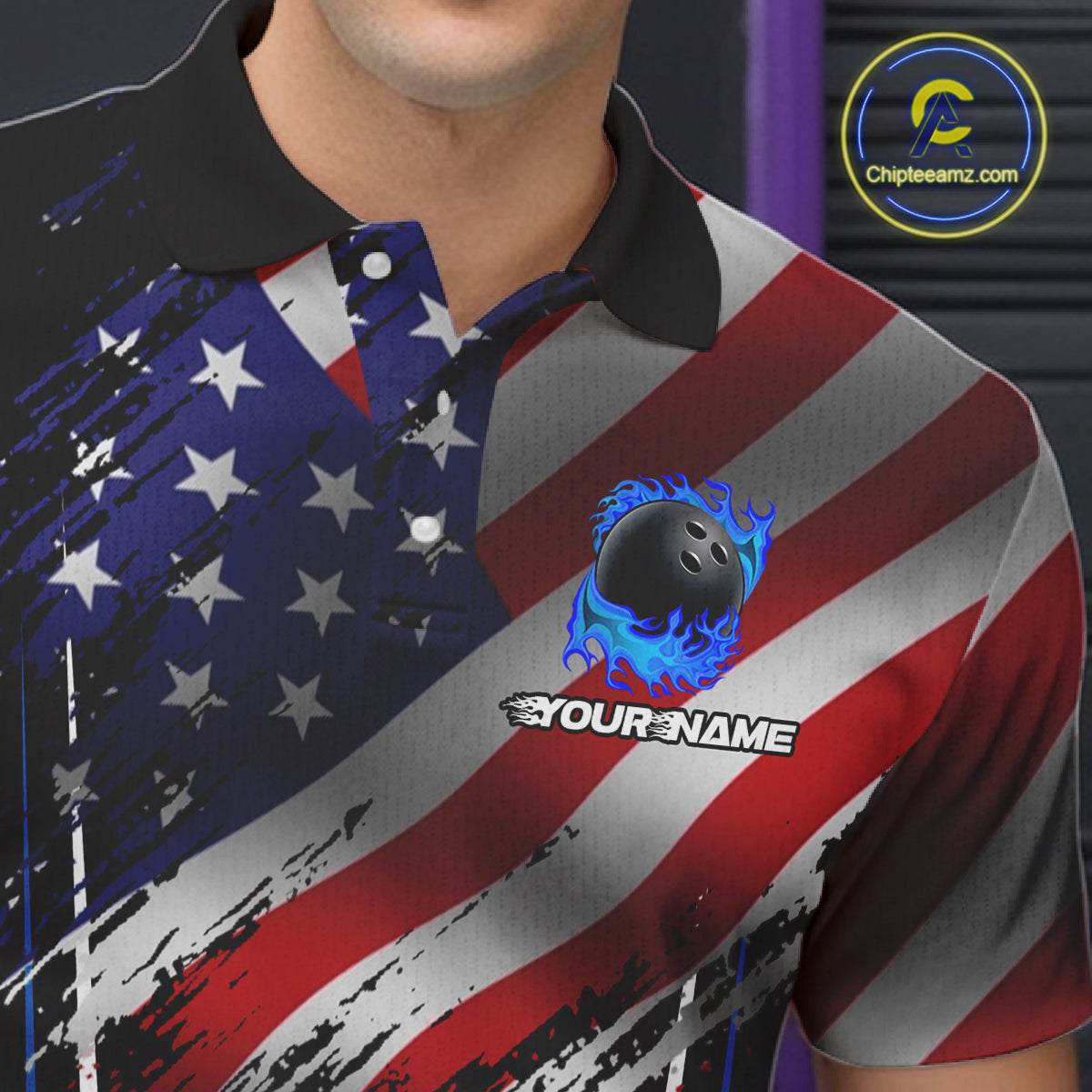 Personalized American Flag Bowling Team Shirts For Men, Black and Blue Patriotic Bowling Gifts NQS11357
