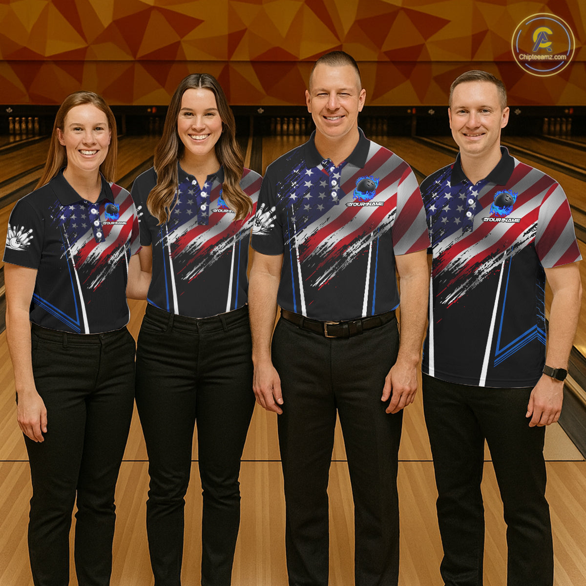 Personalized American Flag Bowling Team Shirts For Men, Black and Blue Patriotic Bowling Gifts NQS11357