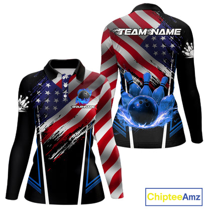 Personalized American Flag Bowling Team Shirts For Women, Black and Blue Patriotic Bowling Gifts NQS11357