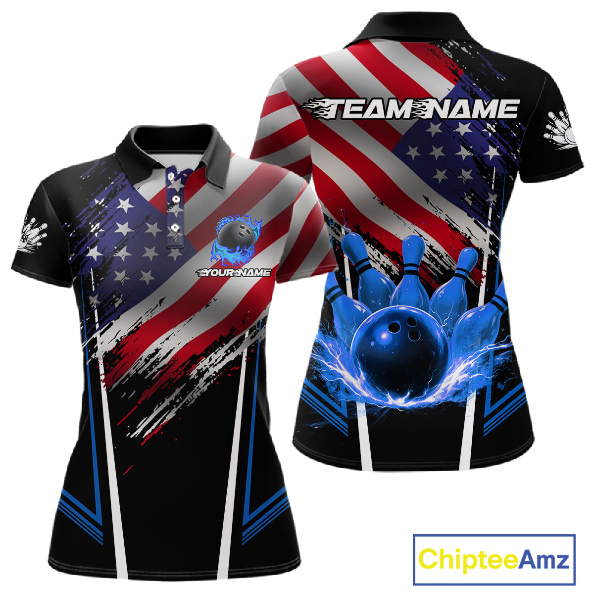 Personalized American Flag Bowling Team Shirts For Women, Black and Blue Patriotic Bowling Gifts NQS11357