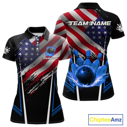 Personalized American Flag Bowling Team Shirts For Women, Black and Blue Patriotic Bowling Gifts NQS11357