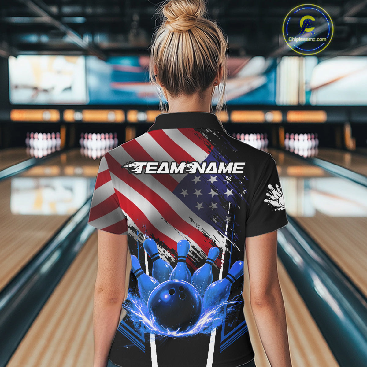 Personalized American Flag Bowling Team Shirts For Women, Black and Blue Patriotic Bowling Gifts NQS11357