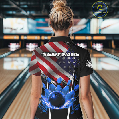 Personalized American Flag Bowling Team Shirts For Women, Black and Blue Patriotic Bowling Gifts NQS11357