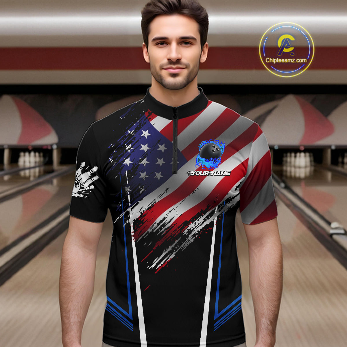 Personalized American Flag Bowling Team Shirts For Men, Black and Blue Patriotic Bowling Gifts NQS11357