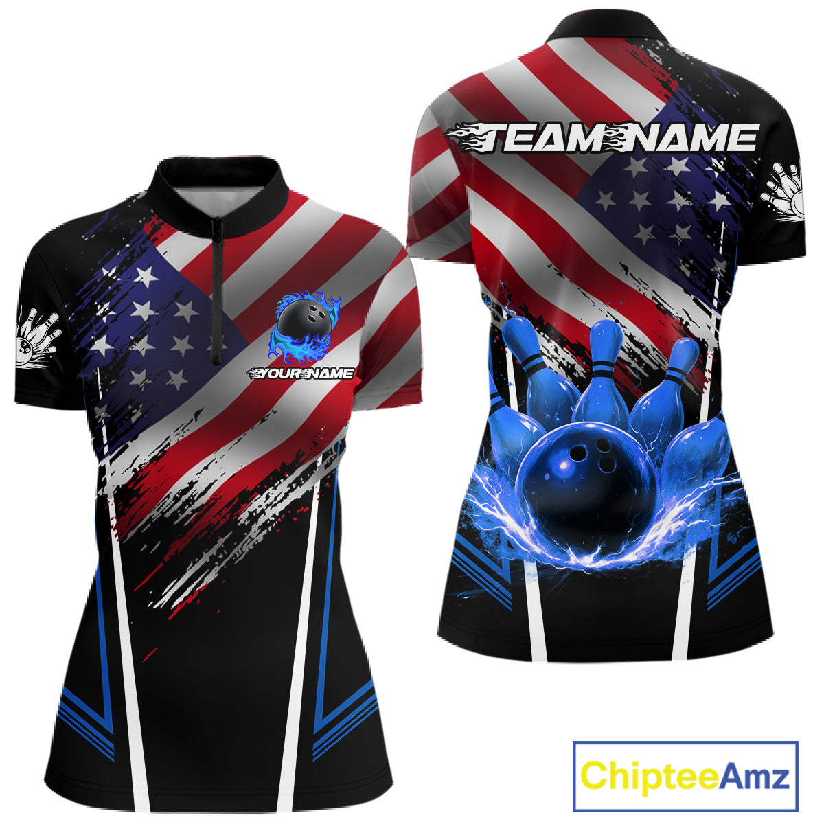 Personalized American Flag Bowling Team Shirts For Women, Black and Blue Patriotic Bowling Gifts NQS11357