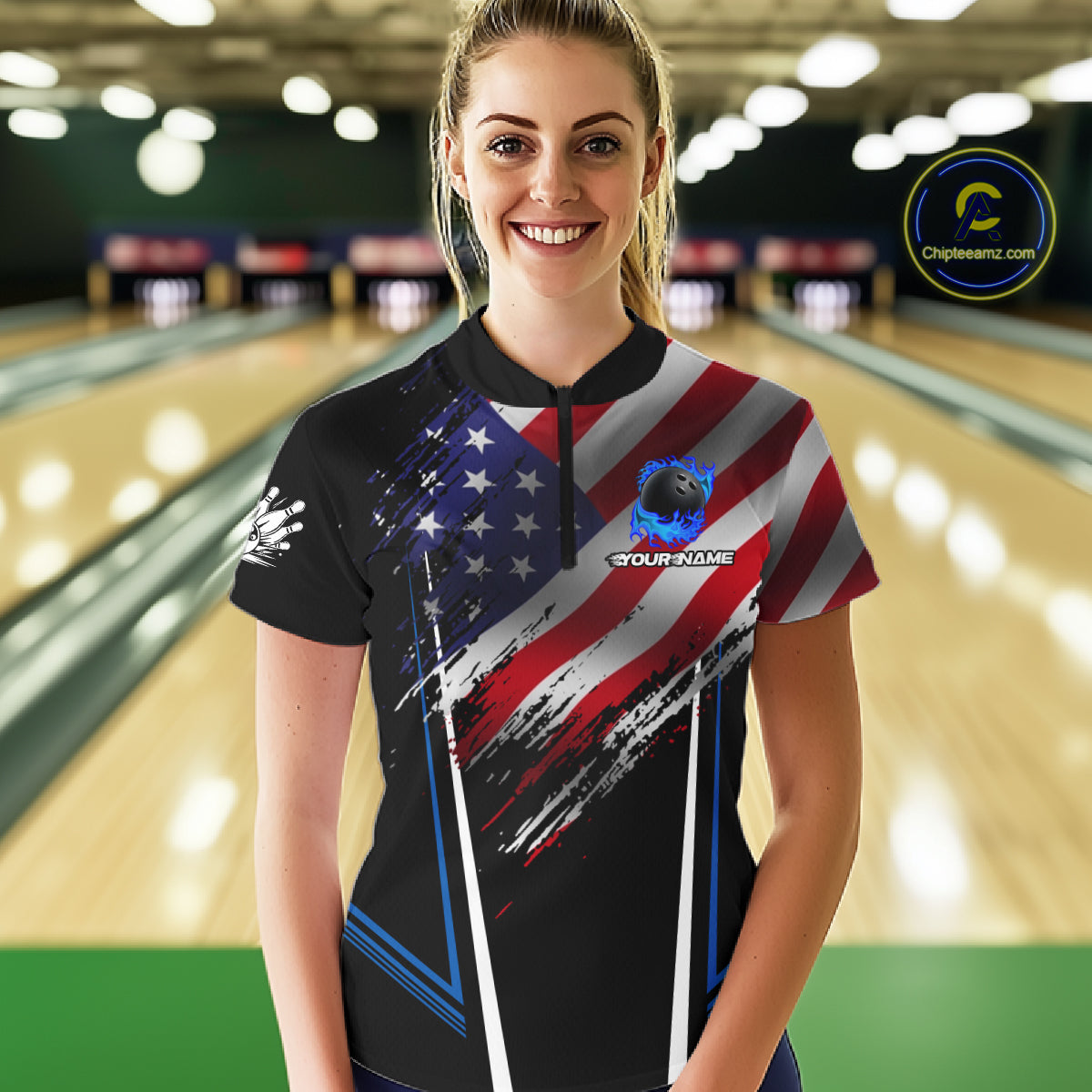 Personalized American Flag Bowling Team Shirts For Women, Black and Blue Patriotic Bowling Gifts NQS11357