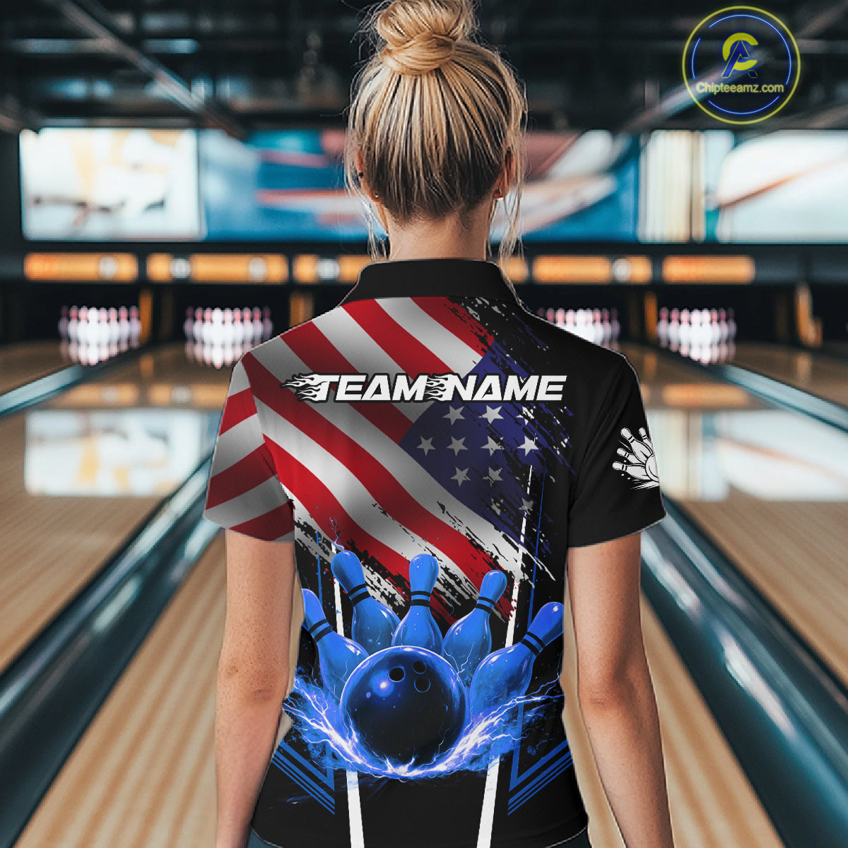 Personalized American Flag Bowling Team Shirts For Women, Black and Blue Patriotic Bowling Gifts NQS11357