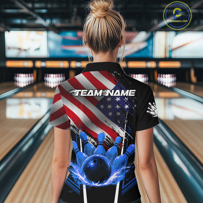 Personalized American Flag Bowling Team Shirts For Women, Black and Blue Patriotic Bowling Gifts NQS11357