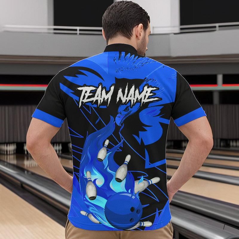 Eagle flame bowling ball and pins custom Mens Bowling Shirts, team bowling jerseys | Blue NQS9616