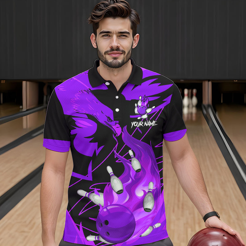 Eagle flame bowling ball and pins custom Mens Bowling Shirts, team bowling jerseys | Purple NQS9617