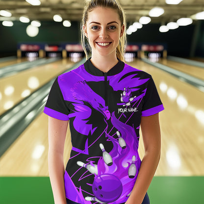 Eagle flame bowling ball and pins custom Women Bowling Shirts, team bowling jerseys | Purple NQS9617