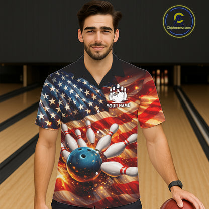 American Flag Bowling Ball and pins Bowling Button-up Shirt Custom Patriotic Bowling Team jerseys NQS11698