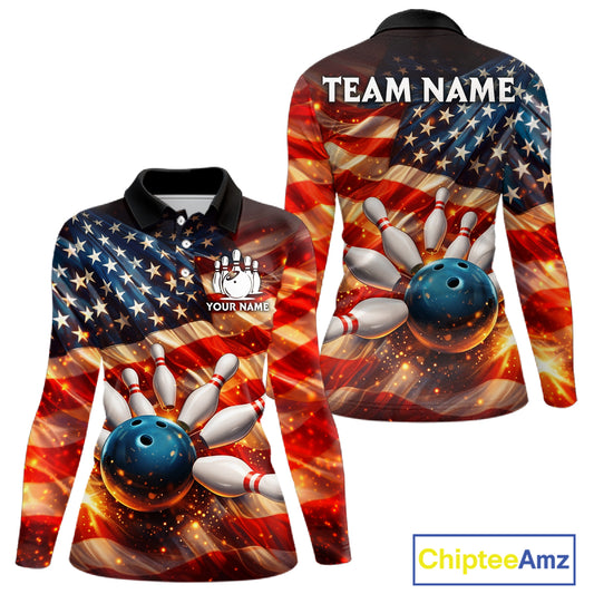 American Flag Bowling Ball and pins Bowling Shirts for Women Custom Patriotic Bowling Team jerseys NQS11698