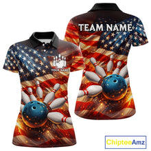 Load image into Gallery viewer, American Flag Bowling Ball and pins Bowling Shirts for Women Custom Patriotic Bowling Team jerseys NQS11698
