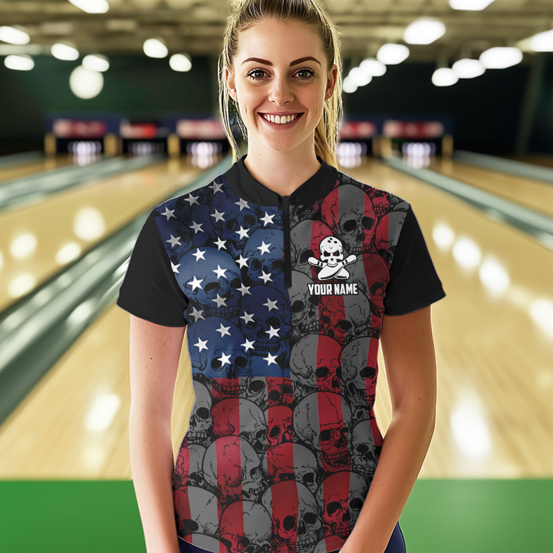 American Flag Skull Camo Bowling Shirt For Women Custom patriotic Team Jersey bowling attire for Women NQS9790