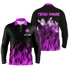 Load image into Gallery viewer, Personalized Men polo Bowling Shirt Purple Flame Bowling Ball and Pins bowling jerseys for men Bowler NQS6035