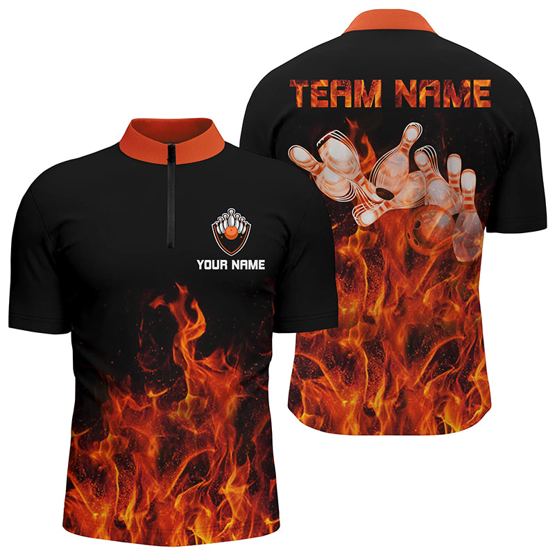 Personalized Men Quarter Zip Bowling Shirt Orange Flame Bowling Ball & Pins bowling jerseys for Bowler NQS6036