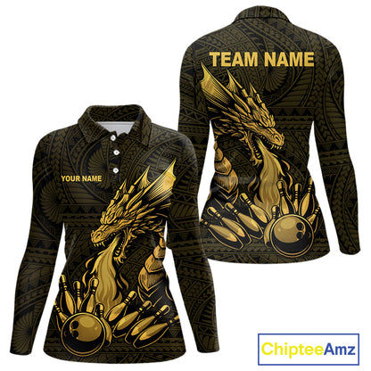 Custom Tribal pattern Gold Dragon Bowling Polo, 1/4 Zip Shirt For Women, Bowling Team League Jersey NQS10349