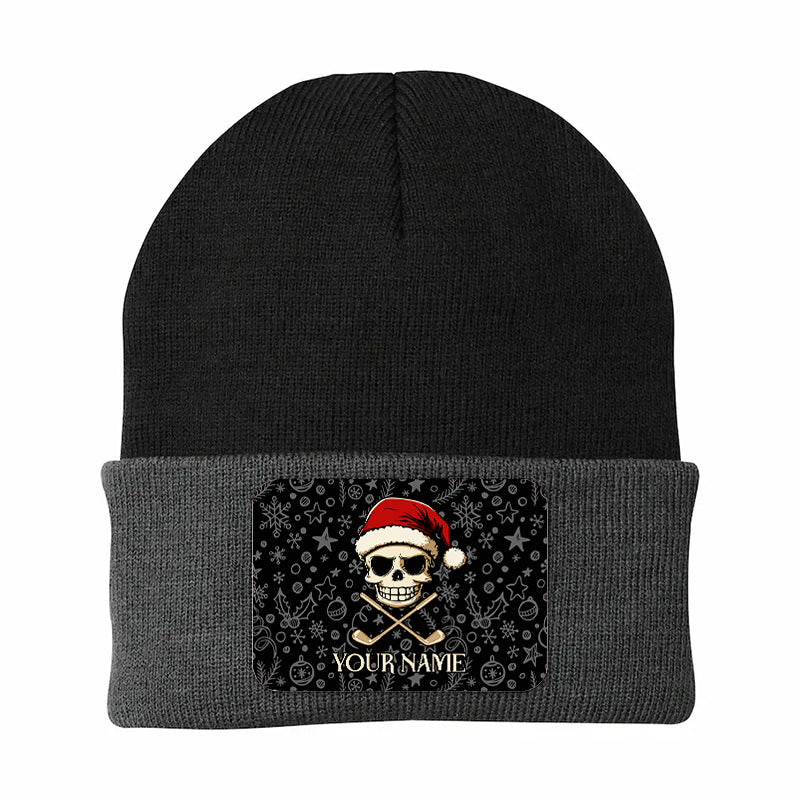Funny Christmas Skull Golf Knit Beanie Hat, Custom Rectangle Patch Golf Beanie Hat, Xmas Golf Gifts NQS10783