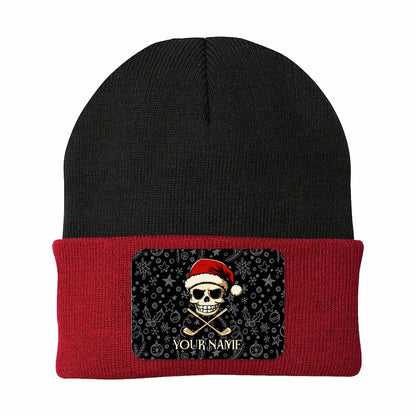Funny Christmas Skull Golf Knit Beanie Hat, Custom Rectangle Patch Golf Beanie Hat, Xmas Golf Gifts NQS10783