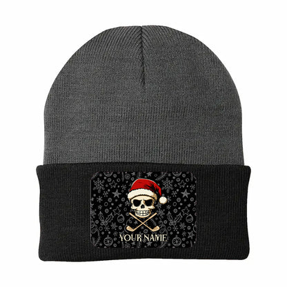 Funny Christmas Skull Golf Knit Beanie Hat, Custom Rectangle Patch Golf Beanie Hat, Xmas Golf Gifts NQS10783