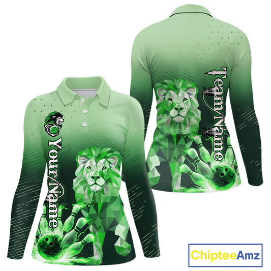 Green Lightning Lion Bowling Polo, Quarter Zip Shirts for Women Custom Lion Bowling Team jerseys NQS11568
