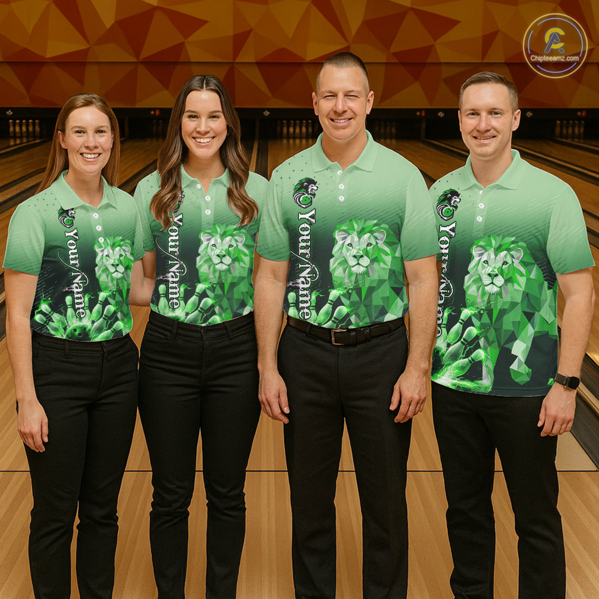 Green Lightning Lion Bowling Polo, Quarter Zip Shirts for Men Custom Lion Bowling Team jerseys NQS11568