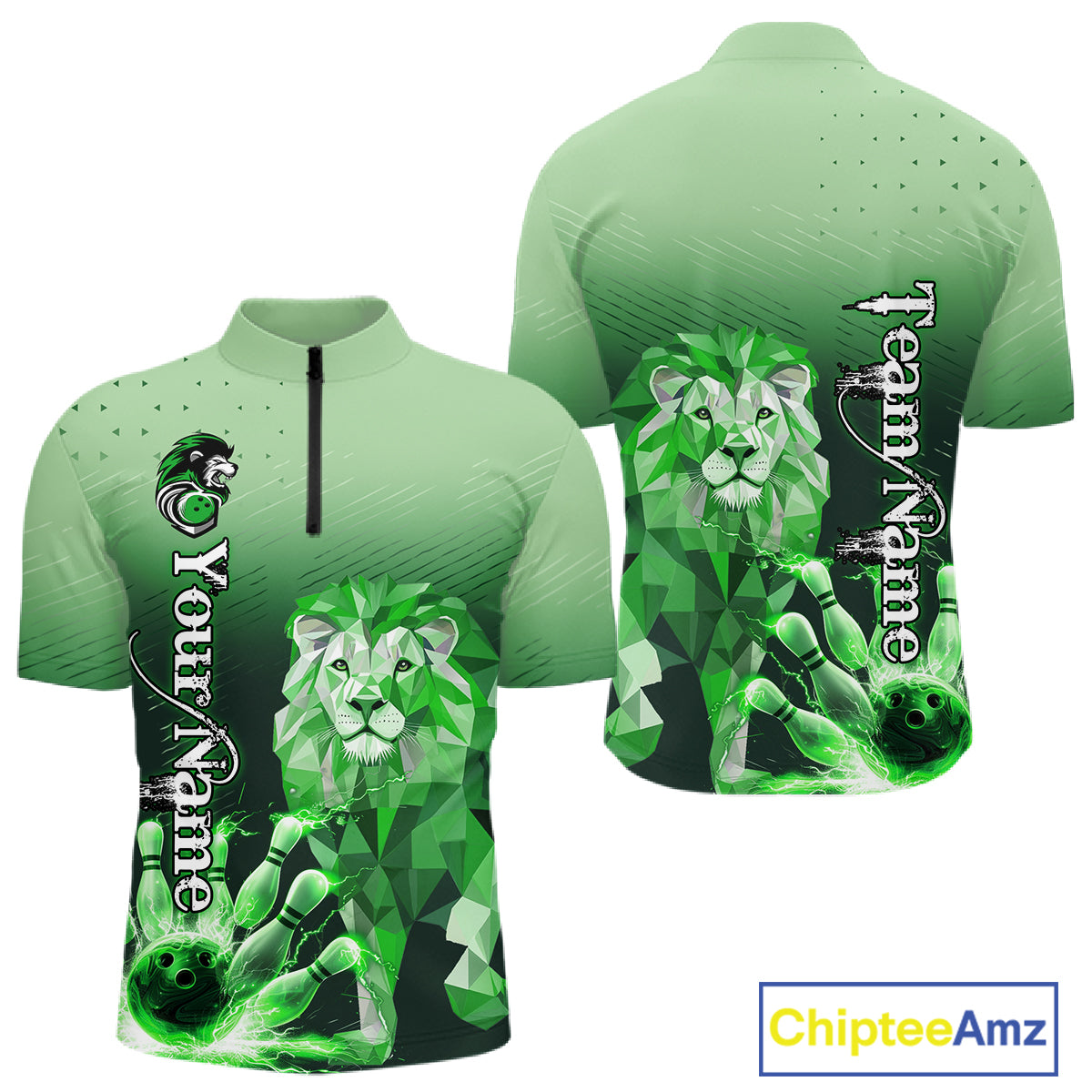 Green Lightning Lion Bowling Polo, Quarter Zip Shirts for Men Custom Lion Bowling Team jerseys NQS11568
