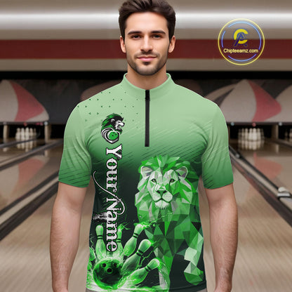 Green Lightning Lion Bowling Polo, Quarter Zip Shirts for Men Custom Lion Bowling Team jerseys NQS11568
