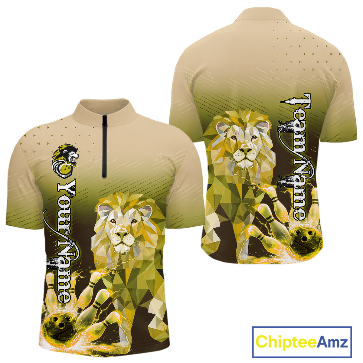 Yellow Lightning Lion Bowling Polo, Quarter Zip Shirts for Men Custom Lion Bowling Team jerseys NQS11569