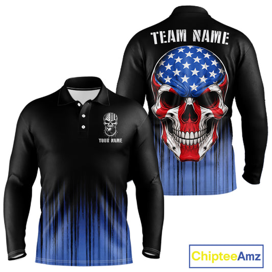 Black and Blue American Flag Skull Bowling Shirts for Men Custom Patriotic Bowling Team jerseys NQS11699