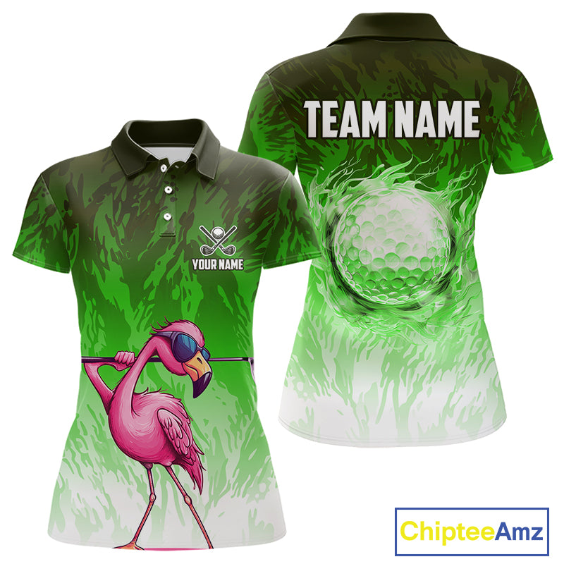 Funny Flamingo Green camo flame golf ball Women Golf Polo Shirt Custom Flamingo Golf attire for ladies NQS9799