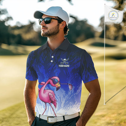 Funny Flamingo Blue camo flame golf ball Mens Golf Polo Shirts Custom Flamingo Golf attire for men NQS9800
