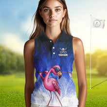 Load image into Gallery viewer, Funny Flamingo Blue camo flame golf ball Women Golf Sleeveless Polo Shirt Custom Ladies Golf tops NQS9800