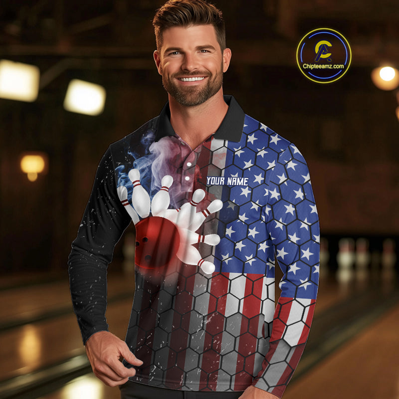 Smoke American Flag Vintage Bowling Polo, 1/4 Zip Shirts For Men Custom Patriotic Bowling Team jerseys NQS9802