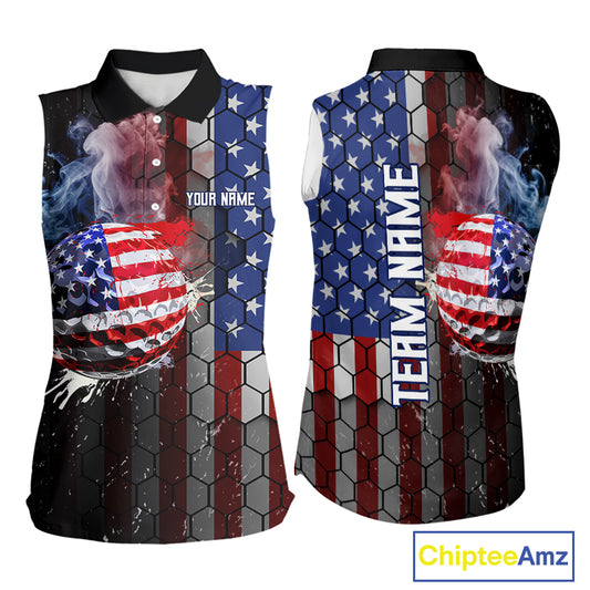 Smoke Golf ball American Flag Women Sleeveless Polo Shirt Custom Patriotic Golf attire for ladies NQS9801
