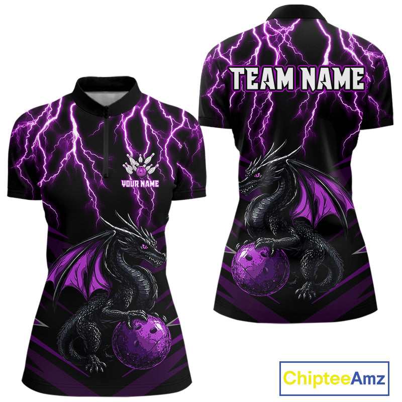 Black & Purple Lightning Thunder Dragon Women Bowling Shirts Custom Dragon Bowling Team Shirt Uniform NQS9805