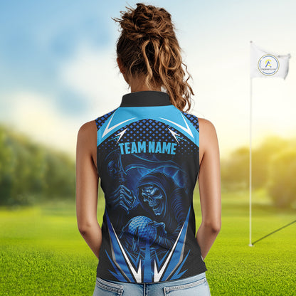 Women sleeveless golf polo shirt custom Blue Lightning reaper skull Golf team jersey golf attire NQS10206