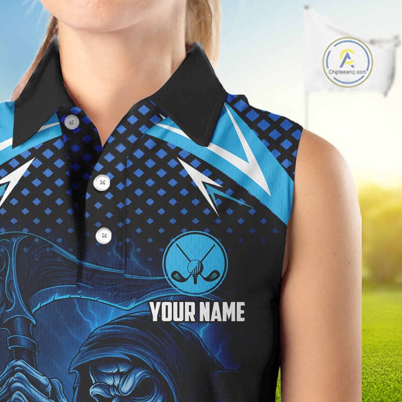 Women sleeveless golf polo shirt custom Blue Lightning reaper skull Golf team jersey golf attire NQS10206
